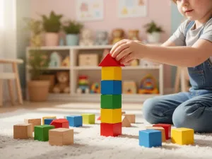 Kolorowo zapakowany prezent na podłodze wśród zabawek, w tle przytulny pokój dziecięcy pełen książek i zabawek.