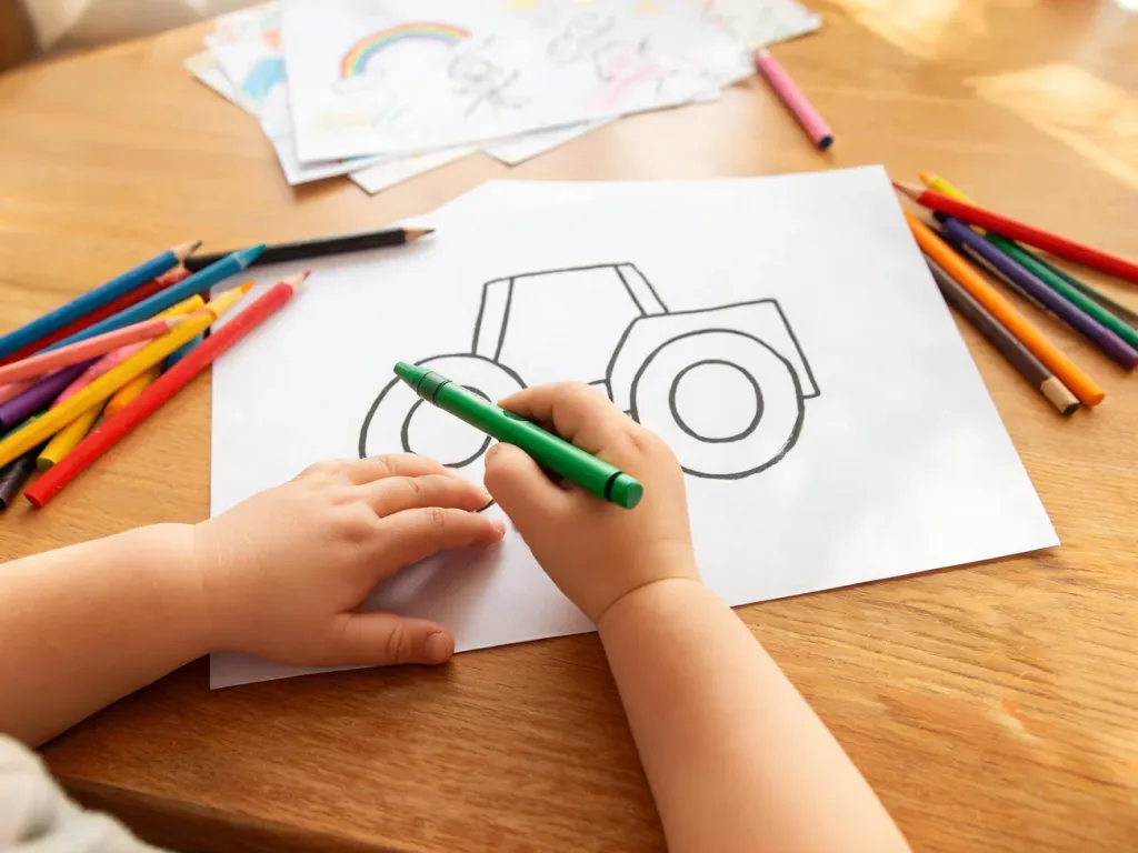Dziecko rysuje prosty, kolorowy traktor kredkami na białej kartce, otoczonej innymi dziecięcymi rysunkami.