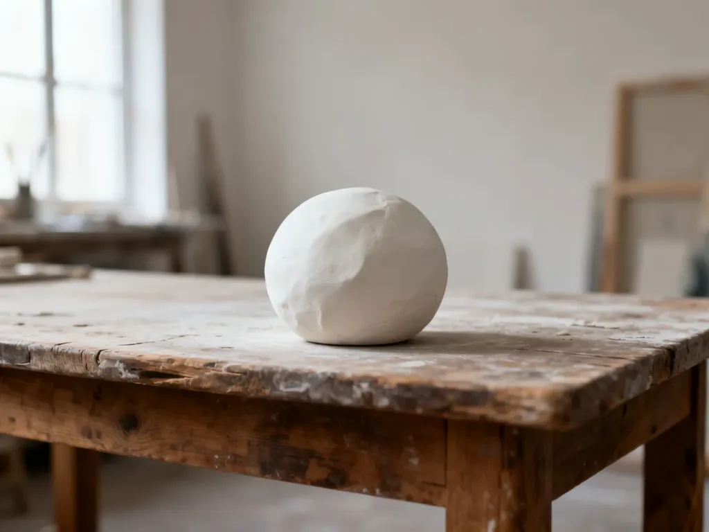Gładka kula białej masy porcelanowej leżąca na rustykalnym drewnianym stole w jasnej pracowni artystycznej.
