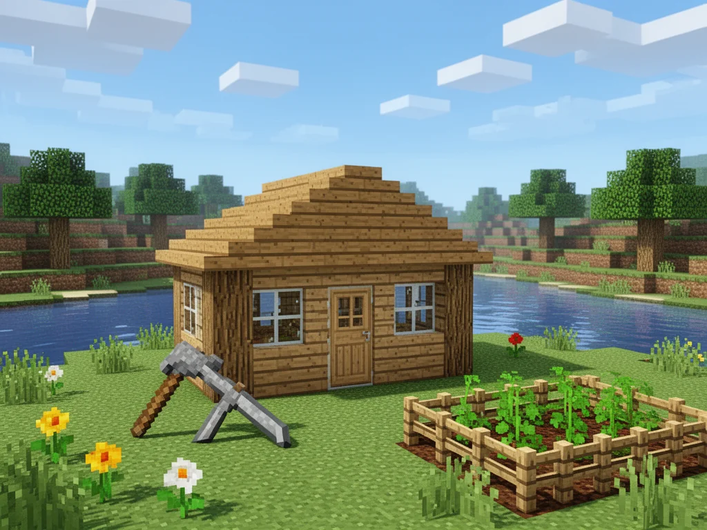 Prosty drewniany domek w Minecraft obok kamiennego kilofa i małego ogródka, na tle kolorowego blokowego krajobrazu.