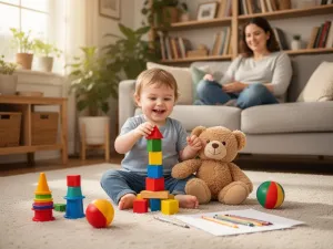 Niemowlę leży na miękkiej macie edukacyjnej, sięgając po proste, pastelowe zabawki w spokojnym, jasnym pokoju.