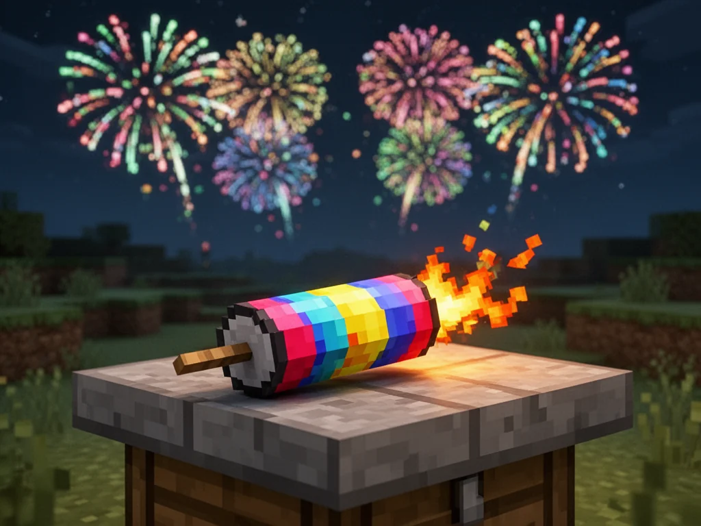 Rakieta fajerwerków w stylu Minecraft na stole rzemieślniczym, w tle nocne niebo z wybuchającymi pikselowymi fajerwerkami.