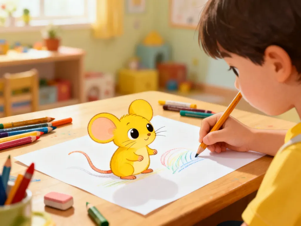 Dziecko rysuje krok po kroku żółtego Pikachu na kartce, wokół leżą kredki i gumka na drewnianym biurku.