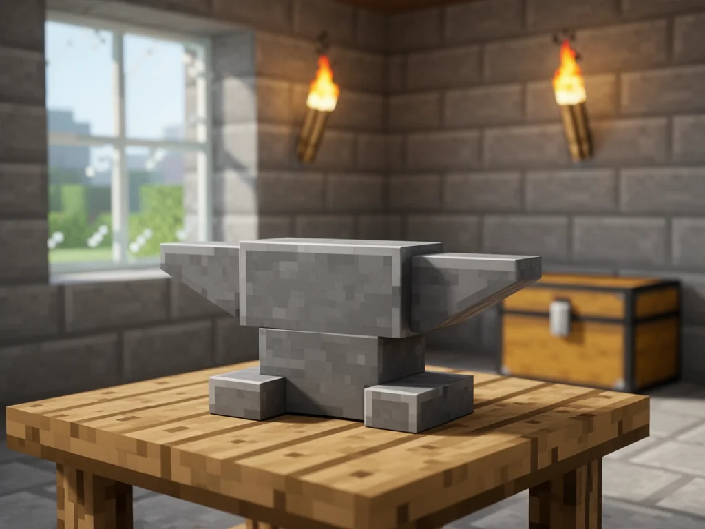 Kowadło w stylu Minecraft na stole rzemieślniczym w przytulnym, kamiennym pokoju z pochodnią i skrzynią w tle