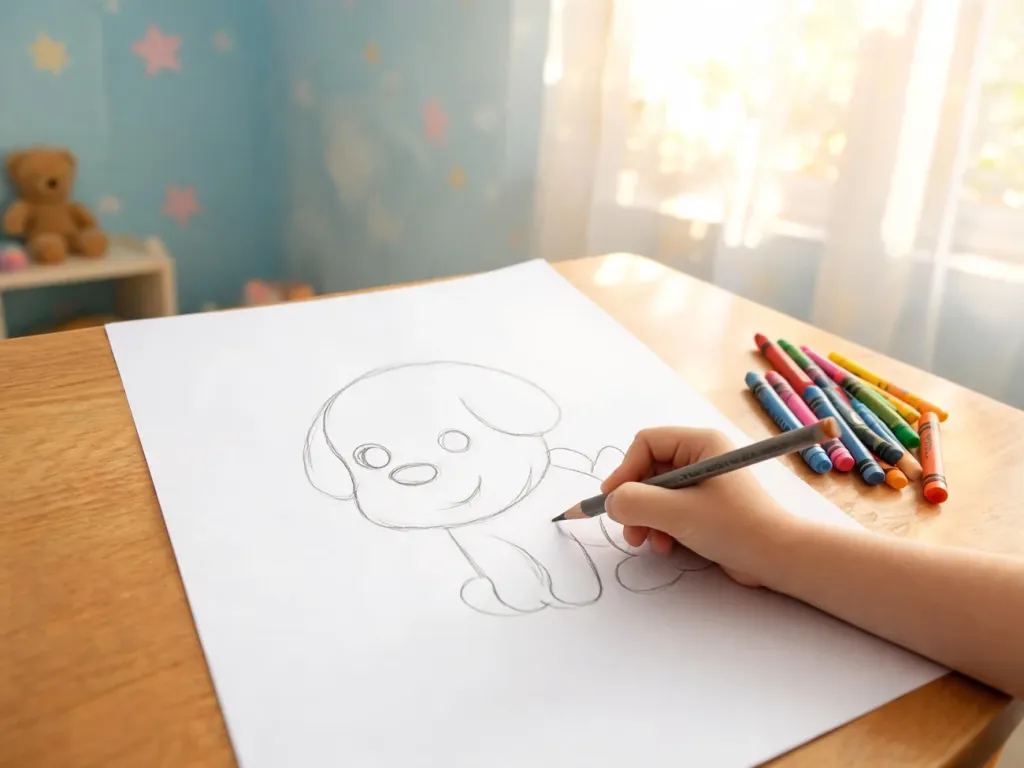 Dziecko rysuje prostego, kreskówkowego psa krok po kroku, używając kredek na białej kartce przy biurku w pokoju dziecięcym.