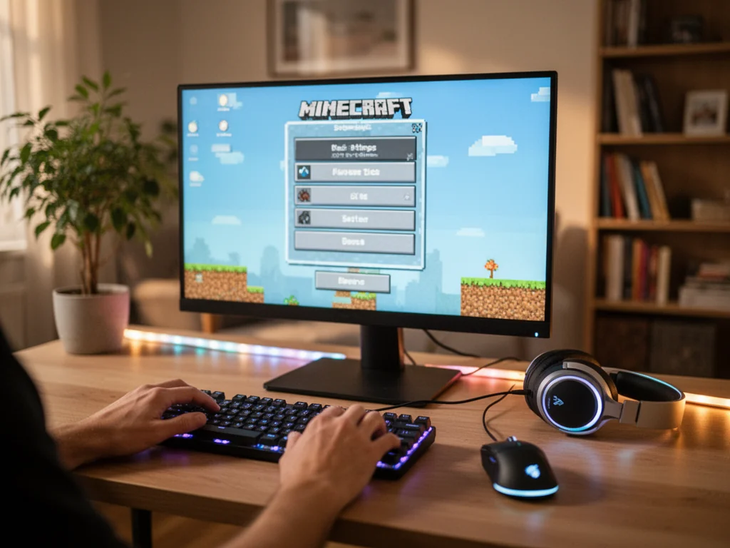 Przytulne stanowisko do gry z otwartym menu ustawień Minecraft, pokazujące miejsce wyłączenia narratora w spokojnej atmosferze.