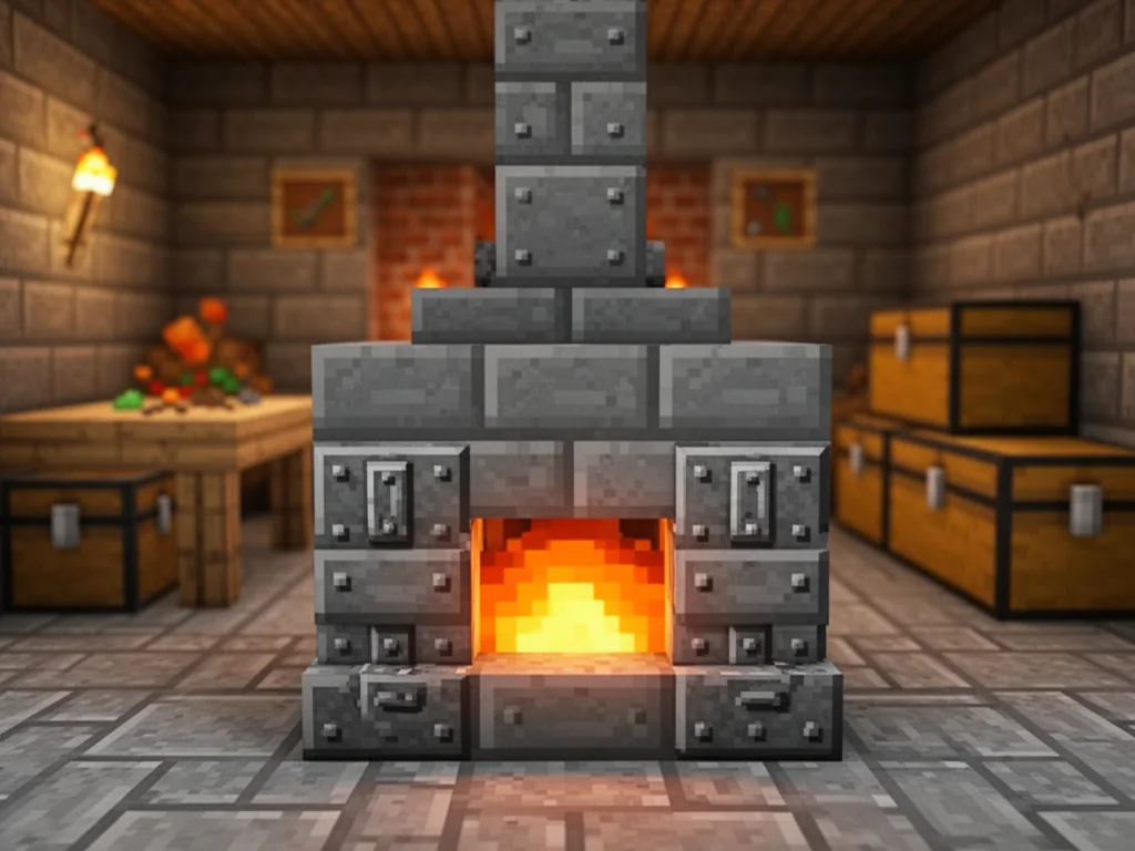 Prosty piec hutniczy w Minecraft z pomarańczowym żarem w otworze na tle przytulnego warsztatu z craftingiem i skrzyniami.