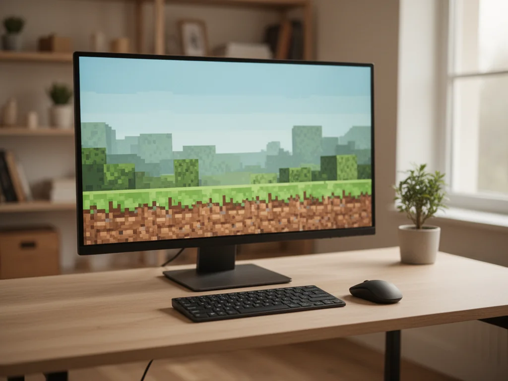 Minimalistyczne stanowisko do grania w Minecrafta z dużym monitorem, klawiaturą i myszką w przytulnym, ciepło oświetlonym pokoju.