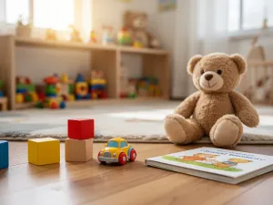 Dwulatek sięga po kolorowe, duże pionki gry planszowej przy stoliku w przytulnym, bezpiecznym pokoju dziecięcym.