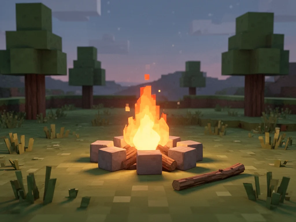 Ognisko w stylu Minecraft na trawiastej ziemi oświetlające otoczenie, z patykiem obok i blokowymi drzewami w tle.