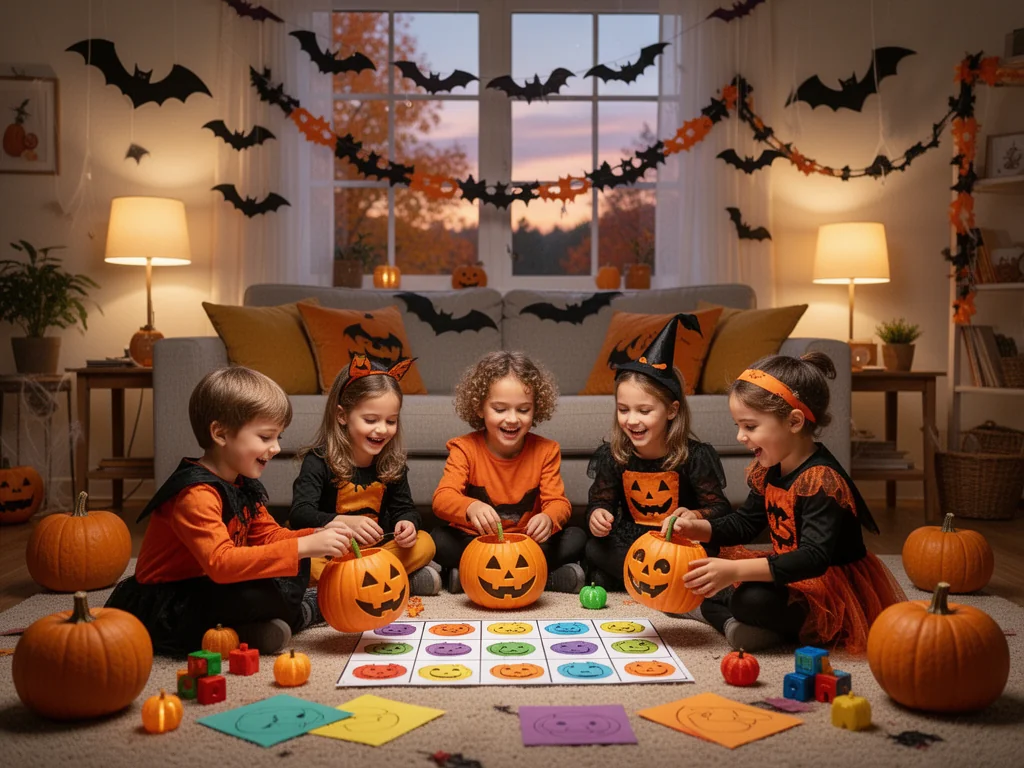 Dzieci w prostych strojach bawią się dyniową zabawą w przytulnym, halloweenowym salonie w jesienny wieczór.