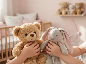 Kolorowe zabawki i zapakowany prezent na drewnianym stole, w tle przytulny pokój dziecięcy o ciepłej, radosnej atmosferze.