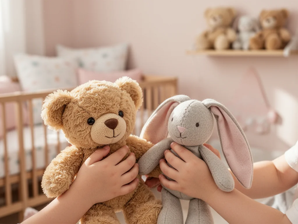 Małe dłonie dziecka trzymają pluszowego misia i przytulankę króliczka w przytulnym, spokojnym pokoju dziecięcym