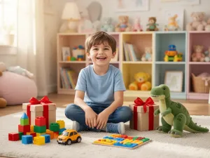 Kolorowy ogródek z plastikową zjeżdżalnią, piaskownicą i domkiem, pokazujący różne zabawki ogrodowe dla dzieci.