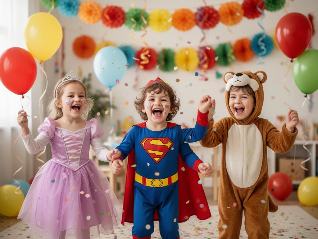 Dzieci w prostych strojach na balu przebierańców tańczą z balonami i konfetti w kolorowo udekorowanej sali.