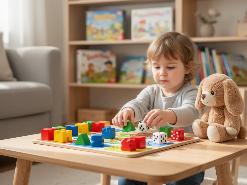 Dwulatek sięga po kolorowe, duże pionki gry planszowej przy stoliku w przytulnym, bezpiecznym pokoju dziecięcym.