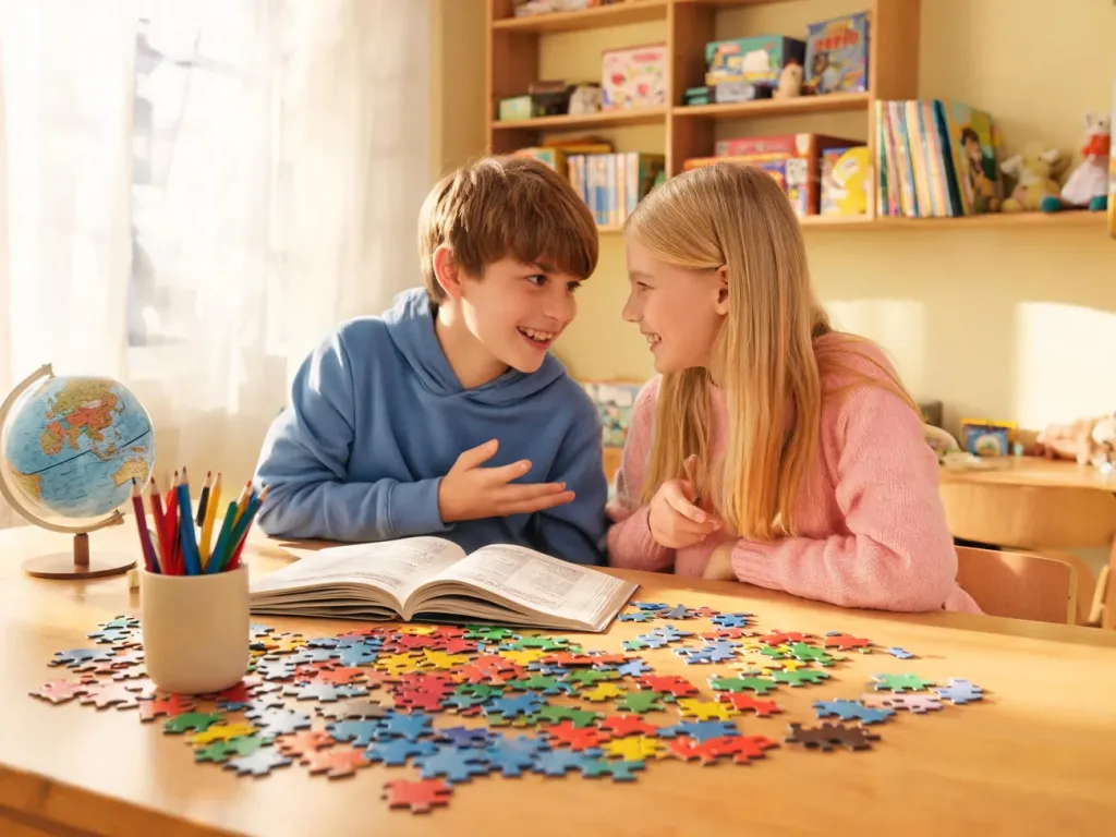 Dwoje dzieci w wieku ok. 11 lat rozwiązuje zagadki przy biurku z puzzlami i książką, w radosnym, kolorowym pokoju.
