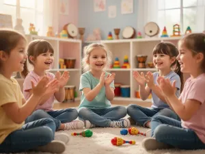 Pastelowo zapakowany prezent na dywanie w pokoju trzylatki, otoczony pluszakiem, drewnianymi zabawkami i klockami