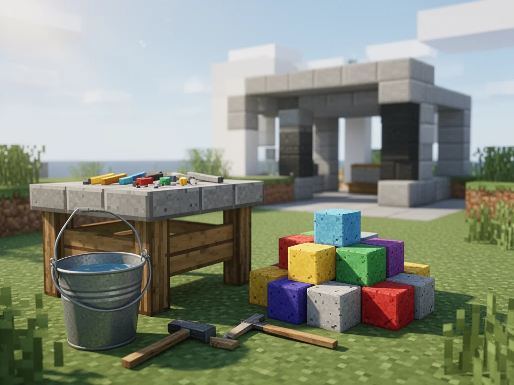 Stół rzemieślniczy, wiadro z wodą i kolorowe bloki betonu w Minecraft, na tle nowoczesnej, budowanej konstrukcji