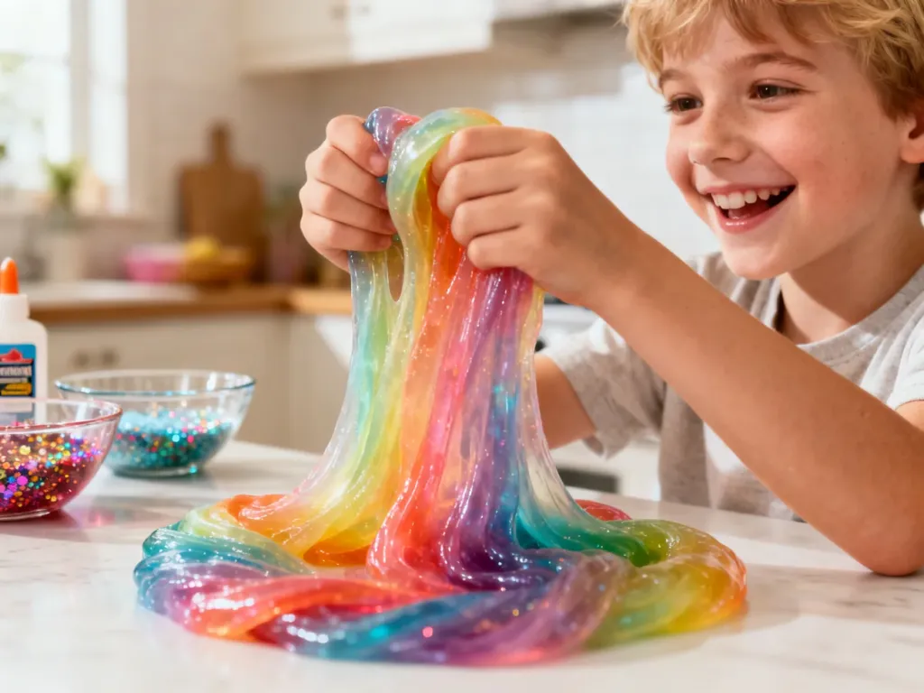 Uśmiechnięte dziecko bawi się kolorowym, rozciągliwym slime'em w domowej kuchni.